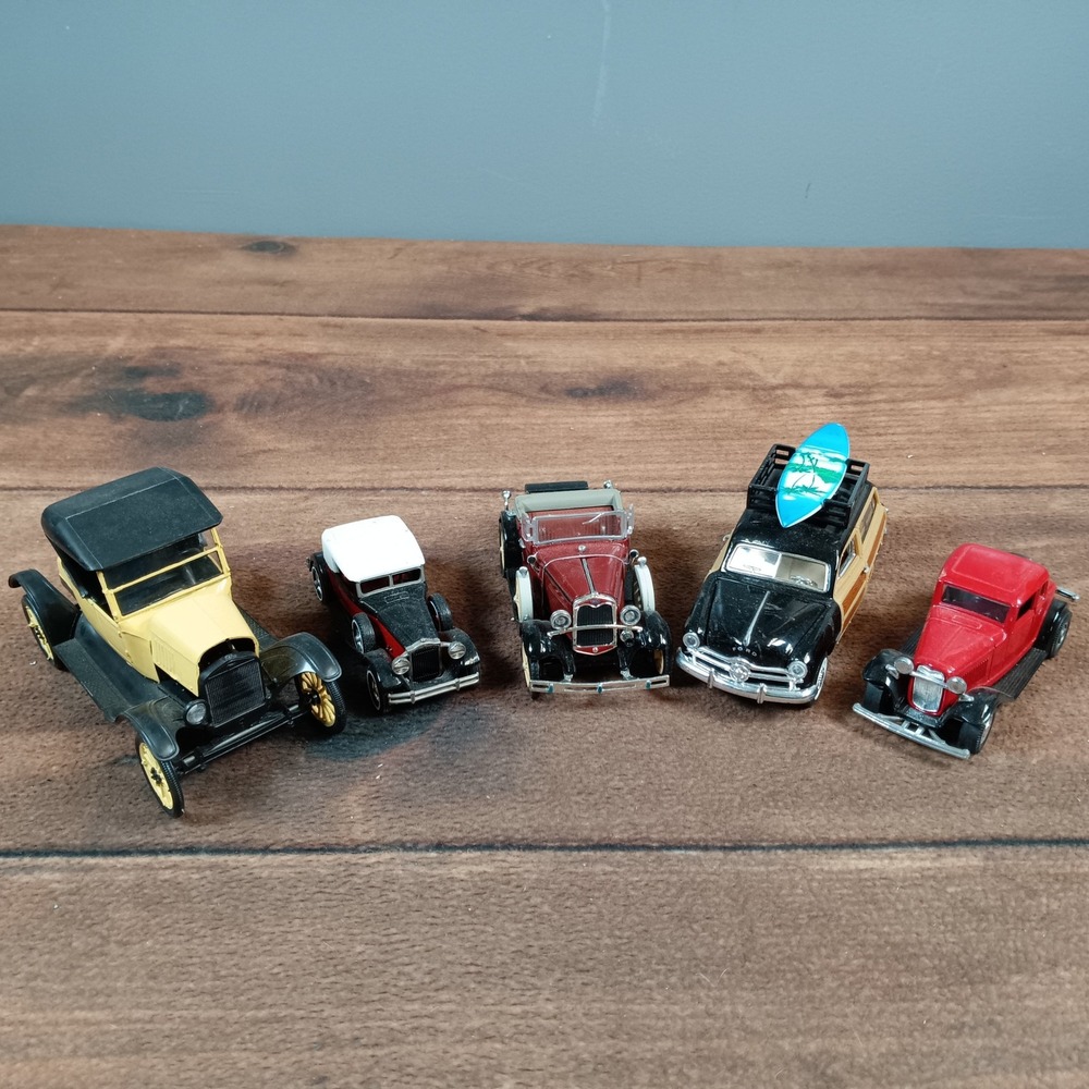 Vintage Style Diecast Model Car Lot of 5 Ford Model T Woody Wagon Surfboard Red